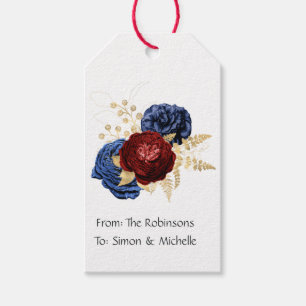Etiqueta Para Presente Casamento Floral Azul Marinho, Vermelho e Dourado