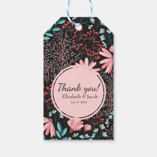 Etiqueta Para Presente Casamento Floral Cor-de-Rosa e Escuro-Teal Obrigad