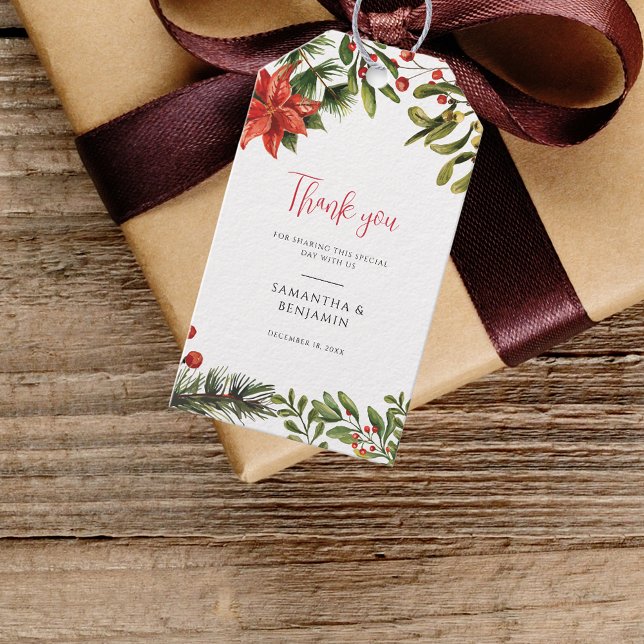 Etiqueta Para Presente Casamento Floral de Winter Poinsettia Greenery (Christmas Business Logo Company Greenery Thank You Gift Tag)