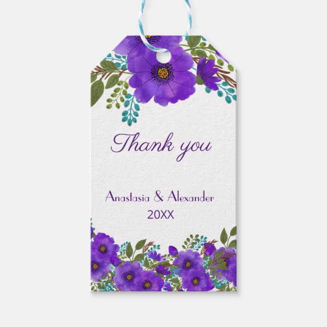 Etiqueta Para Presente Casamento Floral Purple Personalizado Obrigado (Frente)