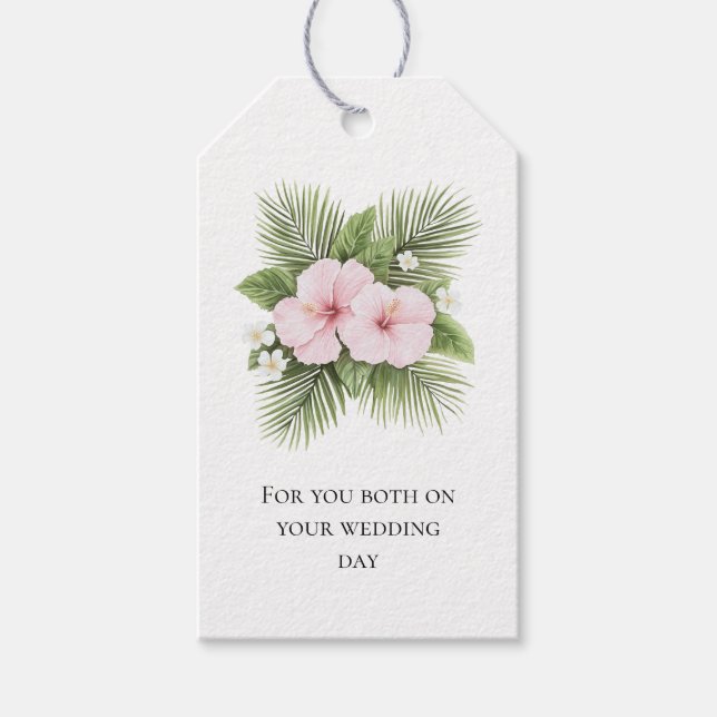 Etiqueta Para Presente Casamento Floral Tropical Azul-Rosa Hibiscus (Frente)