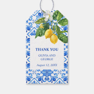 Etiqueta Para Presente Casamento mediterrânico de azulejos azuis e limões