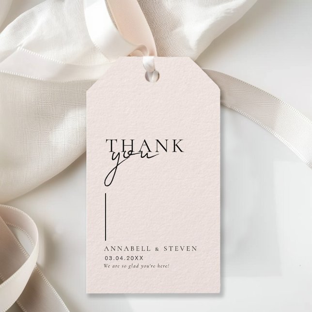 Etiqueta Para Presente Casamento moderno, mínimo, "OBRIGADO" (Modern, Minimal, "THANK YOU" Beige Wedding Gift Tags)