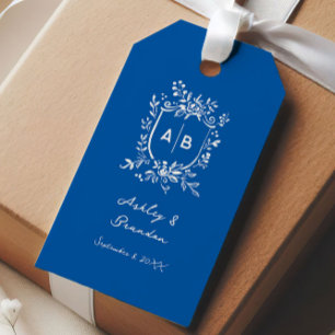 Etiqueta Para Presente Casamento Old World com Brasão Monograma Azul Fran