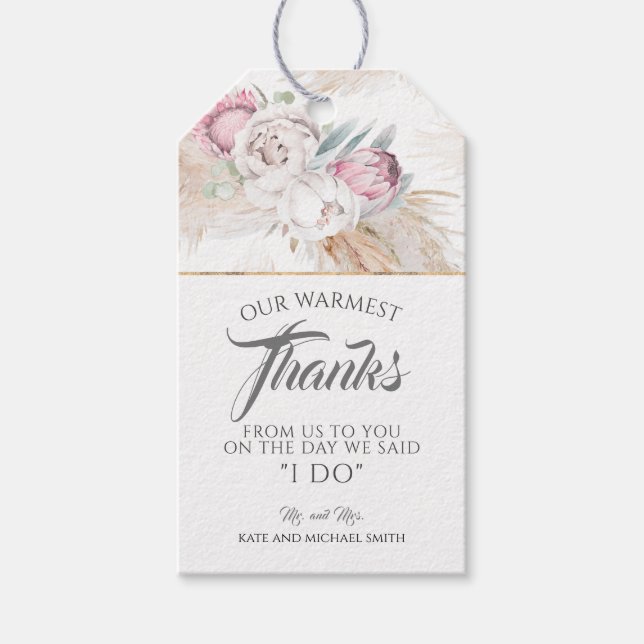 Etiqueta Para Presente Casamento Pampas Grass King Protea Rosa Obrigado (Frente)