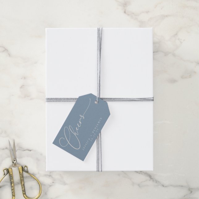 Etiqueta Para Presente Casamento Personalizado de Script Azul com Mínimo  (Com cordão)