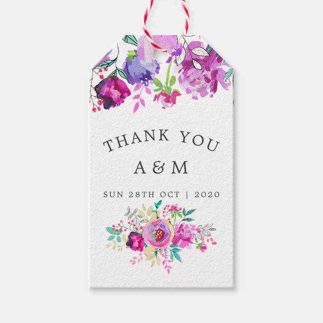 Etiqueta Para Presente Casamento Purple e Mint Floral Obrigado (Frente)