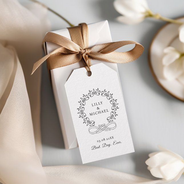 Etiqueta Para Presente Casamento Real, Elegante, "Best Day-Ever" (Customer-specific, elegant, royal, crest "Best. Day. Ever." Wedding Gift Tags with your name & date.)