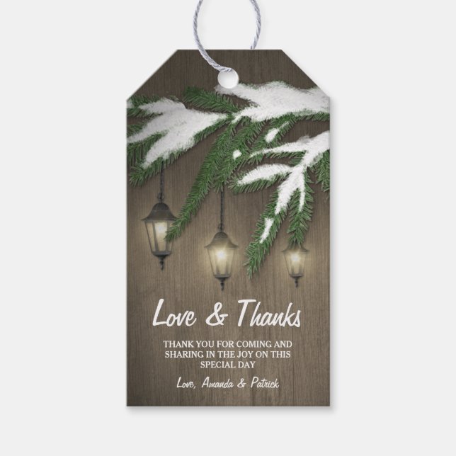 Etiqueta Para Presente Casamento Rustic Snow Evergreen Lanterna Obrigado (Frente)