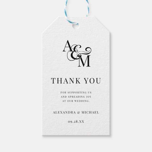 Etiqueta Para Presente Casamento Simples de Branco Negro Monograma Obriga (Frente)