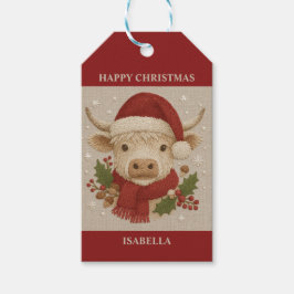 Etiqueta Para Presente Casca russa com Vaca Highland com Santa Hat
