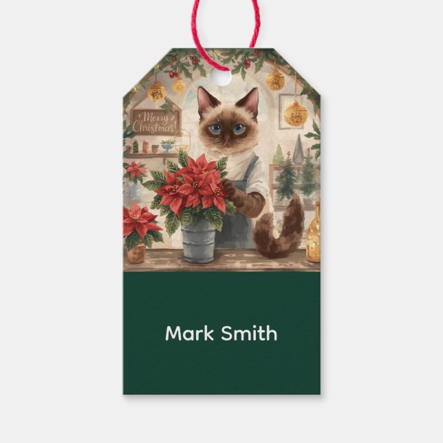 Etiqueta Para Presente Cat Natal Gato siamês arranjando flores (Frente)