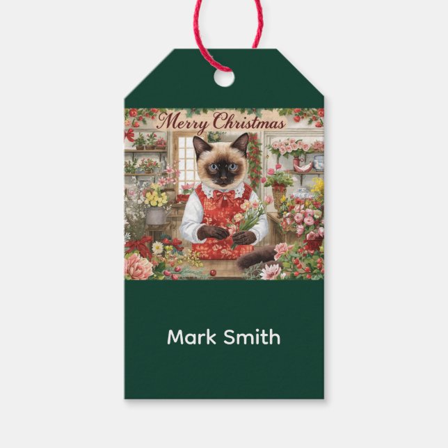 Etiqueta Para Presente Cat Natal Gato siamês arranjando flores (Frente)
