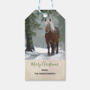 Etiqueta Para Presente Cavalo castanho cênico no Natal de uma Floresta d