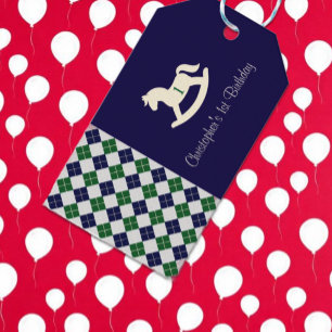 Etiqueta Para Presente Cavalo Mecedor Préppy Argyle 1º Aniversário