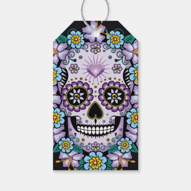 Etiqueta Para Presente Caveira de Açúcar Roxa com Flores (Frente)