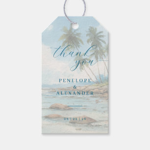 Etiqueta Para Presente Cena de Praia em Aquarela Azul Pacífico