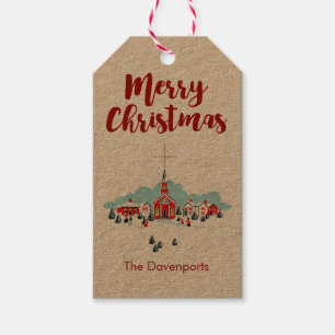 Etiqueta Para Presente Cena do inverno com uma estrela vermelha da igreja