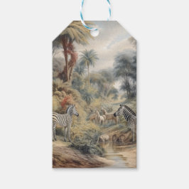 Etiqueta Para Presente Cenário botânico de zebras e leões em oásis