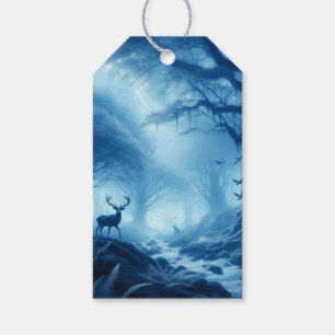 Etiqueta Para Presente Cervo na Floresta Escura de Névoa Azul