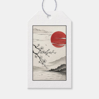 Etiqueta Para Presente Céu Vermelho Japonês Flor de Cerejeira Paisagem