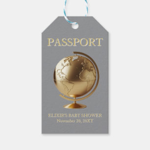 Etiqueta Para Presente Chá de Bebê de Viagem Passaporte Globo Dourado