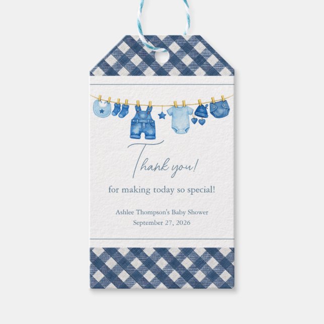Etiqueta Para Presente Chá de Bebê em Jeans Azul Agradecimento (Frente)