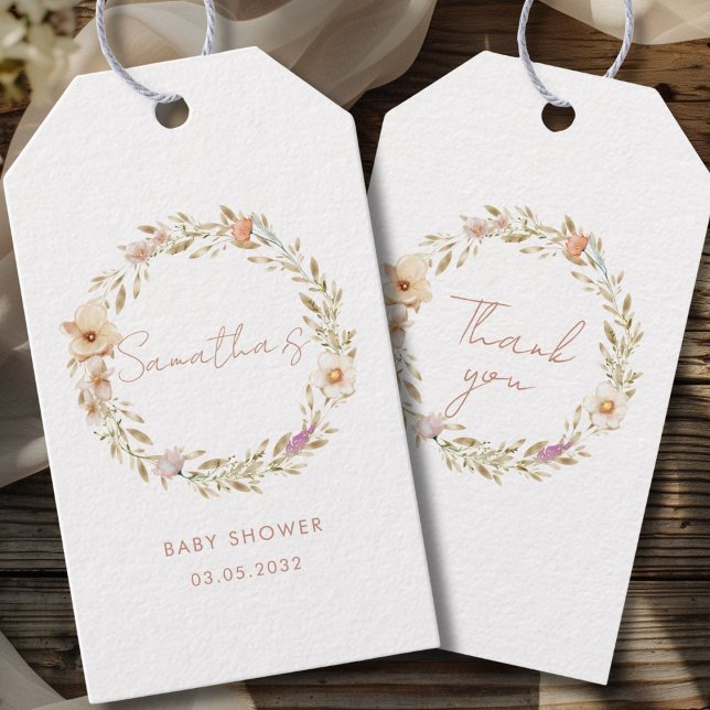 Etiqueta Para Presente Chá de Bebê Flor Boho (Boho Flower Custom Baby Shower Gift Tags with your Name & Date. For Baby Girl & Baby Boy.)