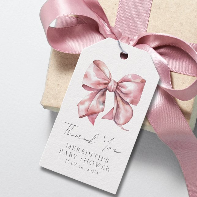 Etiqueta Para Presente Chá de Bebê Rosa Bege com Laço (Pink Bow Baby Shower Thank You Gift Tags)