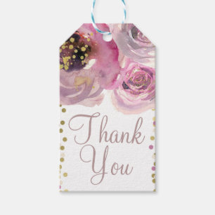 Etiqueta Para Presente Chá de Bebê Rosa e Dourado com Flores em Aquarela 