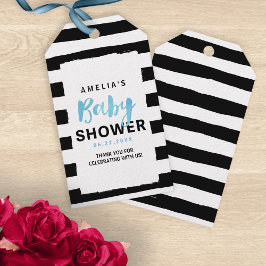 Etiqueta Para Presente Chá de fraldas Azul de Stripes Brancas e Pretas