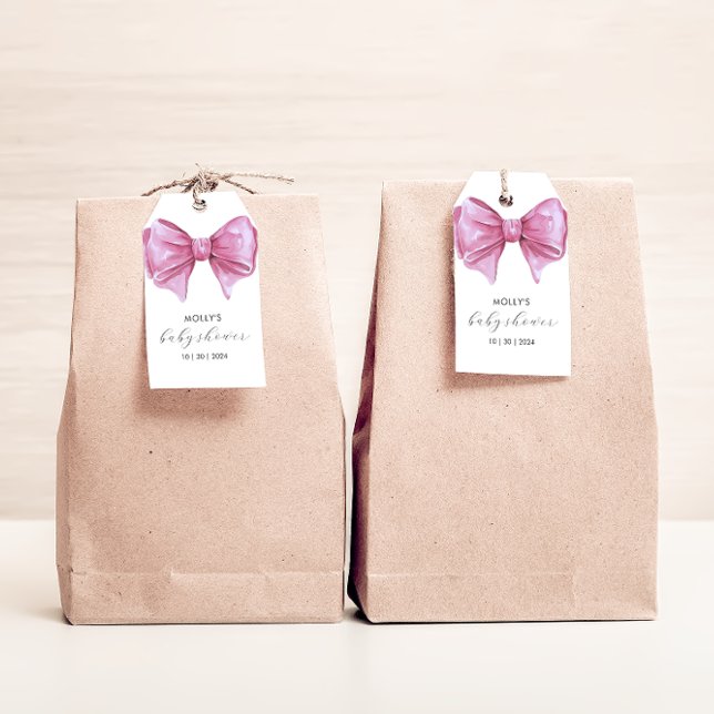Etiqueta Para Presente Chá de fraldas de Aquarela Rosa Girassol (Girly Pink Watercolor Bow Baby Shower Gift Tags)