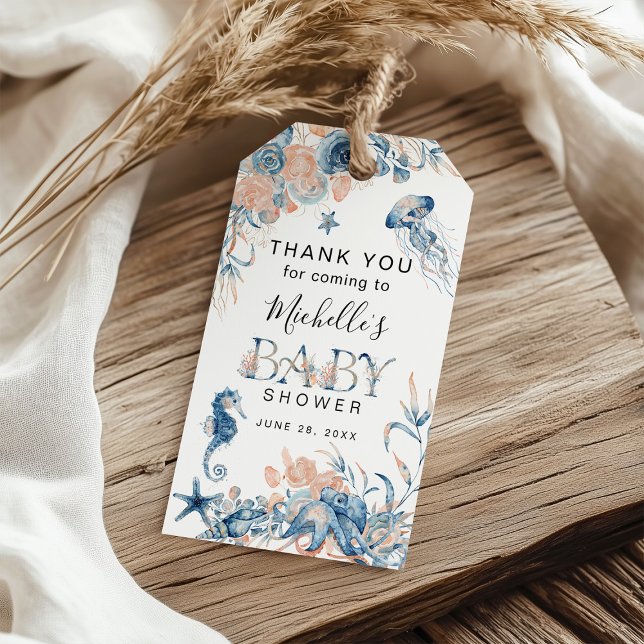 Etiqueta Para Presente Chá de fraldas de Aquarela Submarina Obrigado (Criador carregado)