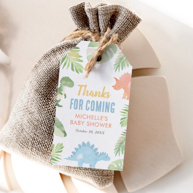 Etiqueta Para Presente Chá de fraldas de Dinossauro de Aquarela (Criador carregado)