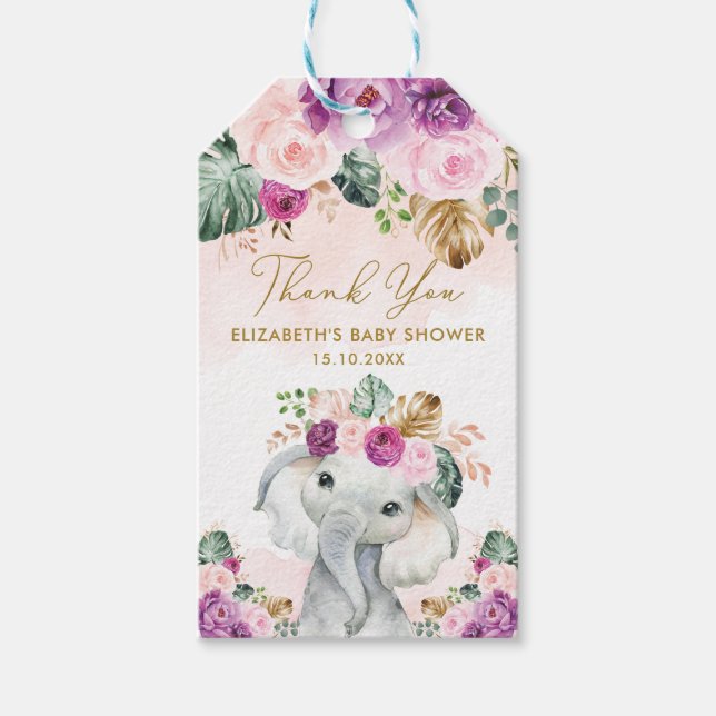 Etiqueta Para Presente Chá de fraldas de Elefante Tropical de Blush Roxo (Frente)