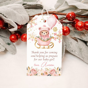 Etiqueta Para Presente Chá de fraldas de Natal do Urso Rosa Obrigado