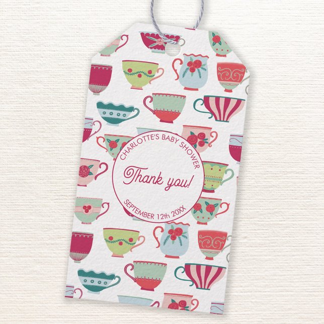 Etiqueta Para Presente Chá de fraldas do Tea Party Retro (Retro pastel teacup baby shower tea party personalized gift favor tags)