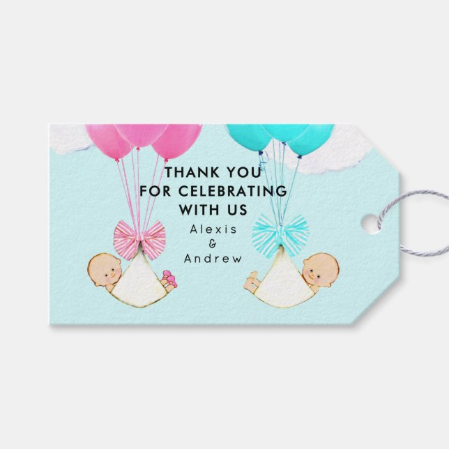 Etiqueta Para Presente Chá de fraldas Gêmeos Obrigado (Frente (horizontal))