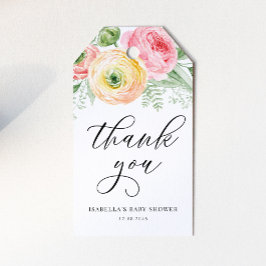 Etiqueta Para Presente Chá de fraldas Ranunculus rosa e amarelo Obrigado