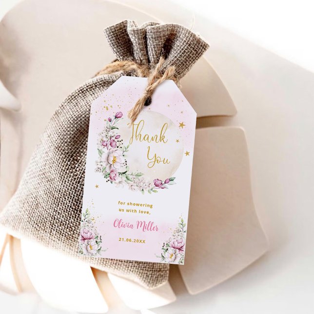 Etiqueta Para Presente Chá de fraldas Rosa Floral Obrigado (Criador carregado)