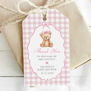 Etiqueta Para Presente Chá de fraldas Rosa Gingham Teddy Bear
