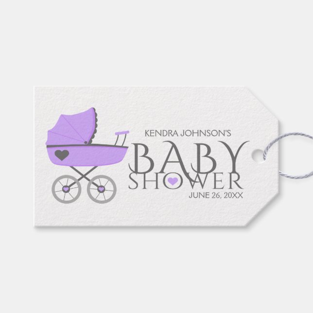 Etiqueta Para Presente Chá de fraldas Roxo Carruagem Meninas (Frente (horizontal))