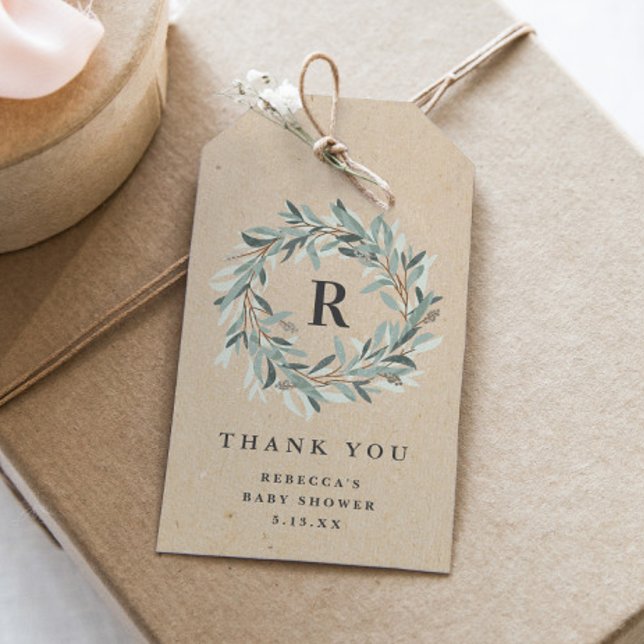 Etiqueta Para Presente Chá de fraldas Rustic Monograma Greenery Wreath (Criador carregado)
