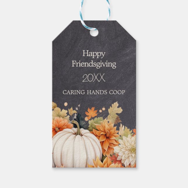 Etiqueta Para Presente Chalkboard Fall Pumpkin Floral Friendsgiving Year (Frente)