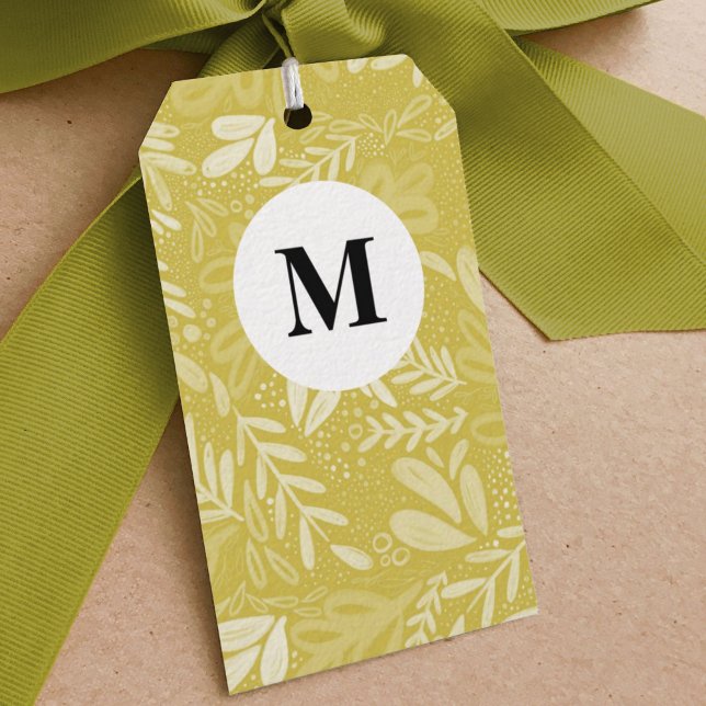 Etiqueta Para Presente Chartreuse Bramble | Monograma Botânico Festivo (Watercolor botanical chartreuse yellow green bramble holiday gift tag.)