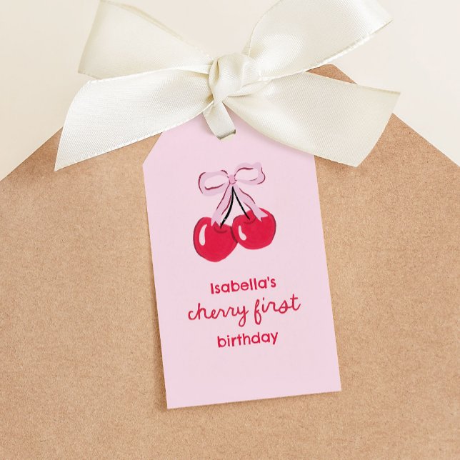 Etiqueta Para Presente Cherry First Birthday Coquette Arco Favor (cherry first birthday gift tag with illustrated cherries tied with a pink bow)