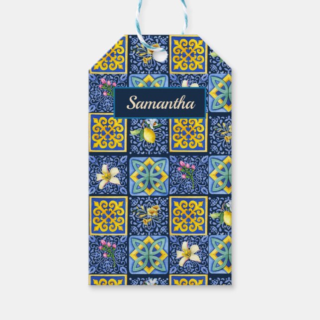 Etiqueta Para Presente Chic Blue Teal Siciliano Citrino Mediterrâneo (Frente)