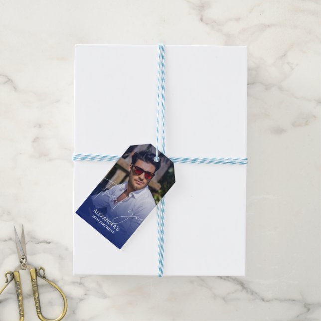 Etiqueta Para Presente Chic Gradiente Navy Foto Aniversário Obrigado (Com cordão)