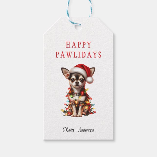 Etiqueta Para Presente Chihuahua Dog emaranhado em luzes de Natal (Frente)