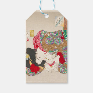 Etiqueta Para Presente Chinoiserie Senhora Japonesa & Gato Arte do Quimon